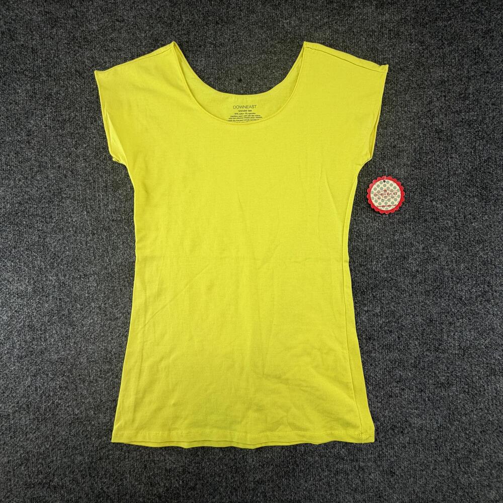 DownEast Basics Wonder Tee Shirt Womens Medium Green Sheen Cap Sleeve Stretch